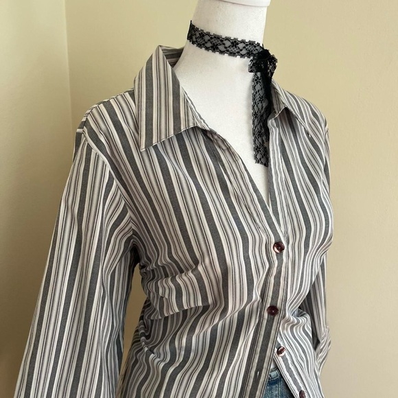 Vintage Y2K Striped Button Down Blouse Office Siren Preppy Minimalist Gray XL-1X - Picture 3 of 7
